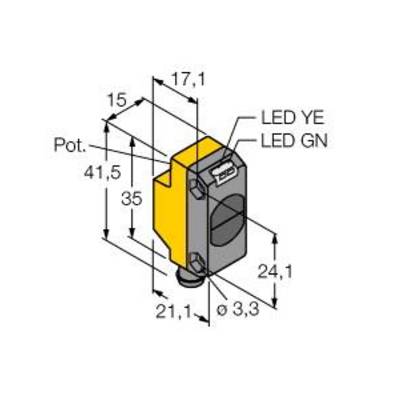 Rysunek sensora o wymiarach: wysokość 41,5 mm, szerokość 17,1 mm, głębokość 24,1 mm. Oznaczenia: 'LED żółty', 'LED zielony'.
