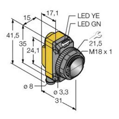 Przemysłowy czujnik o wymiarach: wysokość 41,5 mm, szerokość 17,1 mm, głębokość 31 mm. Dwie diody LED oznaczone jako 'LED YE' i 'LED GN'.