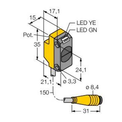 Rysunek techniczny złącza z wymiarami. Pokazuje pozycje diod LED (LED YE, LED GN) oraz potencjometr. Wymiary w mm.