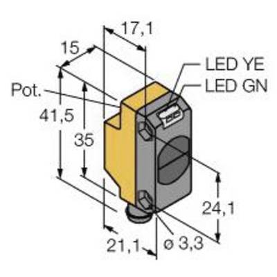 Rysunek techniczny sensora o wymiarach 17,1 x 41,5 mm. Przedstawia pozycje diod LED 'LED YE' i 'LED GN'.