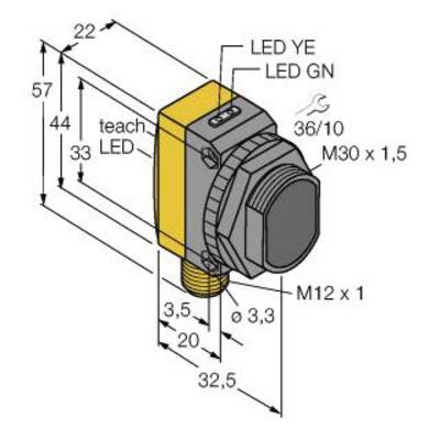 Rysunek techniczny czujnika z wymiarami: wysokość 57 mm, szerokość 22 mm. Złącza: M30 x 1,5 oraz M12 x 1. Oznaczenia wskaźników LED.