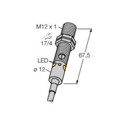 Cylindryczny czujnik z gwintem M12 x 1, długość 67,5 mm, wskaźnik LED, ø 12. Rozstaw klucza 17/4.