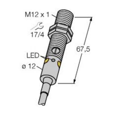 Rysunek cylindrycznego czujnika z gwintem M12, wskaźnikiem LED i wymiarami. Długość 67,5 mm, średnica 12 mm, rozmiar klucza 17/4.