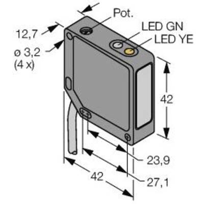 Rysunek czujnika o wymiarach 42 mm x 42 mm x 12,7 mm. Zaznaczona pozycja potencjometru, diody LED GN i diody LED YE.