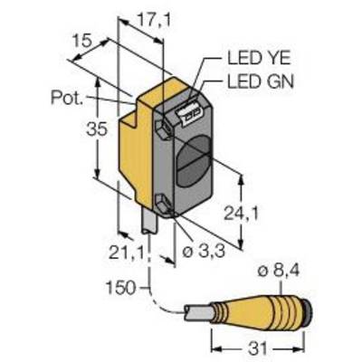 Rysunek techniczny prostokątnego czujnika z diodą LED. Wymiary: 17,1 x 15 mm, głębokość: 35 mm. Kabel przyłączeniowy o średnicy 8,4 mm.