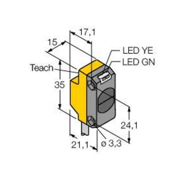 Schemat czujnika o wymiarach: wysokość 35 mm, szerokość 24,1 mm. Oznaczenia 'Teach', 'LED YE', 'LED GN' wskazują elementy funkcyjne.