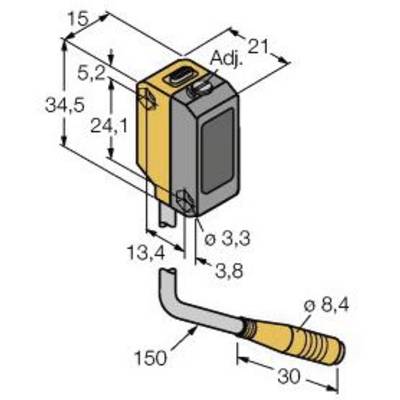 Rysunek techniczny prostokątnego urządzenia z wymiarami i wygiętą rurką. Wymiary: wysokość 34,5 mm, szerokość 15 mm, głębokość 21 mm.
