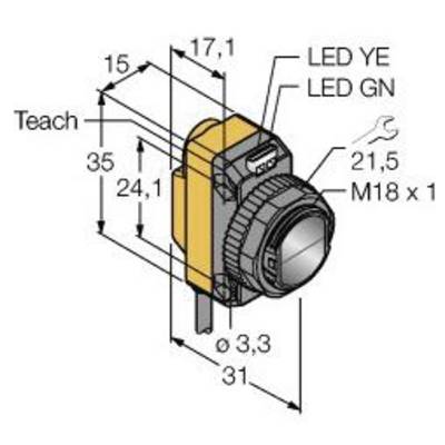 Rysunek techniczny czujnika z wymiarami: 35 mm wysokości, 17,1 mm szerokości, 24,1 mm głębokości. Złącza dla LED żółtej, LED zielonej oraz M18 x 1.