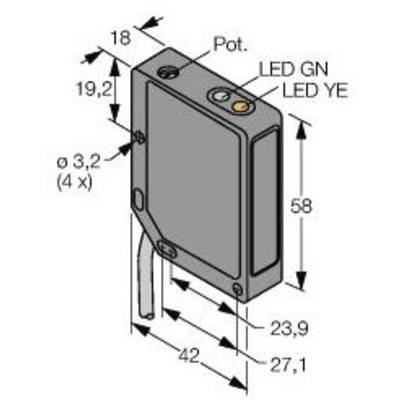 Rysunek techniczny prostokątnego czujnika elektronicznego z wymiarami, otworami, potencjometrem i wskaźnikami LED.