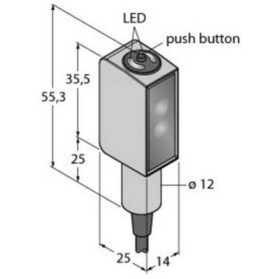 Przycisk przełączający z diodą LED, wymiary: wysokość 55,3 mm, szerokość 25 mm, głębokość 35,5 mm, średnica 12 mm.
