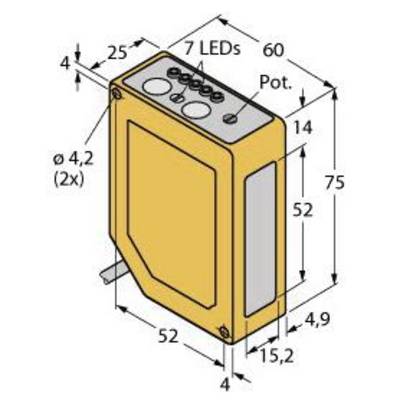 Diagram prostokątnego urządzenia z 7 diodami LED i potencjometrem na górze. Wymiary: 75 x 60 x 25 mm. Średnica otworu 4,2 mm.