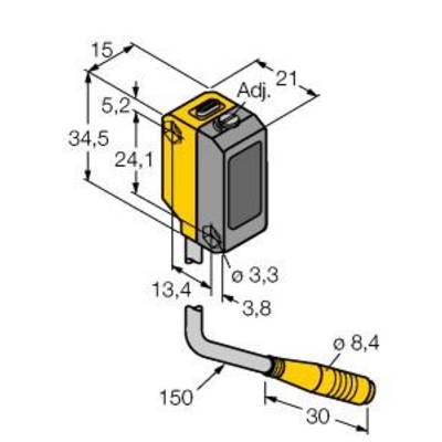 Diagram czujnika z wymiarami w milimetrach: 34,5 x 24,1 x 15. Złącze ma kształt litery L o długości 150 mm i średnicy 8,4 mm.