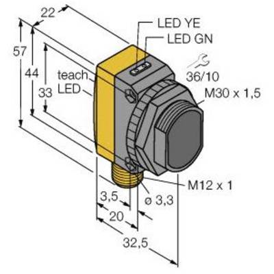 Rysunek techniczny czujnika z wymiarami. Pokazuje gwint M30 x 1,5 oraz M12 x 1. Diody LED opisane: 'teach', 'LED YE', 'LED GN'.