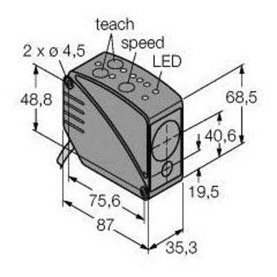 Rysunek techniczny czujnika z wymiarami: 87 mm długości, 68,5 mm wysokości, 35,3 mm szerokości. Opisy: 'teach', 'speed', 'LED'.