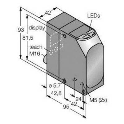 Rysunek techniczny czujnika z wymiarami. Funkcje: 'Wyświetlacz', 'Nauka', diody LED. Wymiary podane w milimetrach.
