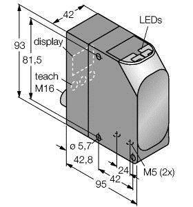 Rysunek techniczny czujnika o wymiarach: wysokość 93 mm, szerokość 42 mm, głębokość 95 mm. Oznaczenia dla diod LED, wyświetlacza i pozostałych specyfikacji technicznych.