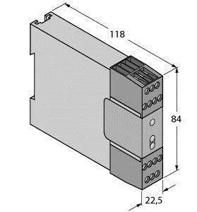 Rysunek techniczny prostokątnego elementu elektronicznego. Wymiary: wysokość 84 mm, szerokość 22,5 mm, głębokość 118 mm, złącza na górze.