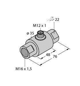 Rysunek techniczny zaworu z wymiarami: długość 76 mm, szerokość 48 mm, rozmiar przyłącza M16 x 1,5, gwint M12 x 1, rozstaw klucza 22.