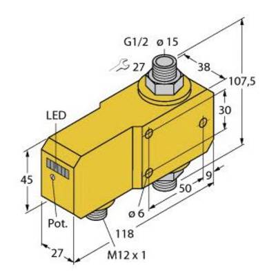 Rysunek techniczny żółtego czujnika z wymiarami i złączami: G1/2, wskaźnik LED, potencjometr oraz gwint M12.