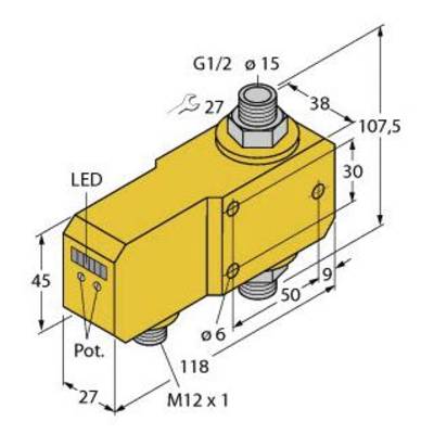 Rysunek techniczny żółtego czujnika z diodą LED, oznaczenie G1/2 ø15, wymiary: 45x107,5x118 mm. Gwint M12 x 1.