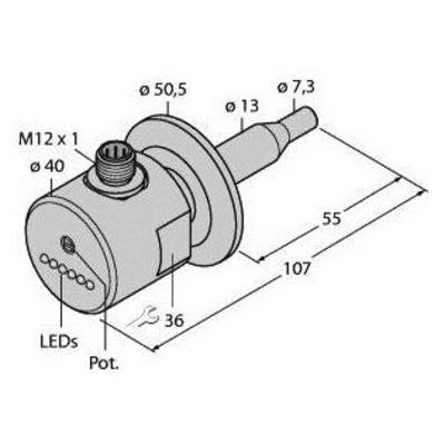 Rysunek cylindrycznego obudowy czujnika z przyłączem M12. Wymiary wynoszą: Ø40 mm, 55 mm długości, Ø50,5 mm średnicy zewnętrznej. Diody LED i potencjometr są oznaczone.
