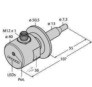 Czujnik z przyłączem M12, wskaźnikiem LED i potencjometrem. Wymiary: długość 107 mm, średnica 40 mm z przodu, 7,3 mm z tyłu.