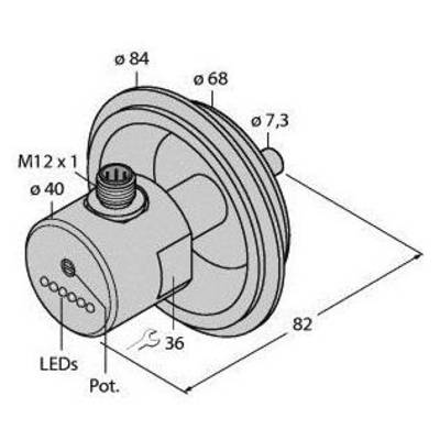 Rysunek techniczny cylindrycznego urządzenia z wymiarami. Zawiera złącze M12, diody LED i potencjometr. Wymiary: średnica 84, 68, 7,3 mm. Długość 82 mm.