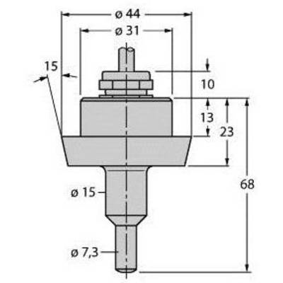 Rysunek techniczny cylindrycznego elementu z oznaczeniami wymiarów: średnica 44, 31, 15, 7,3 mm; wysokość 68 mm; pozostałe wymiary oznaczone.