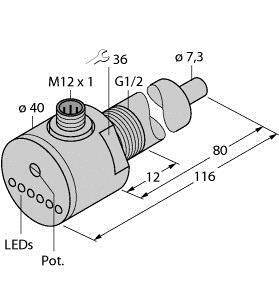 Rysunek techniczny cylindra z gwintami, wymiarami i diodami LED. Oznaczone są G1/2, M12x1 oraz różne średnice.