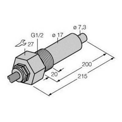 'Rysunek techniczny cylindrycznej części gwintowanej z wymiarami: Ø17mm, gwint G1/2, długość całkowita 215mm. Rozmiar klucza widełkowego 27mm.'