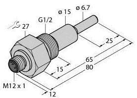 Rysunek techniczny cylindrycznego czujnika. Wymiary: długość 80 mm, średnica 15 mm. Gwint G1/2 i M12 x 1.