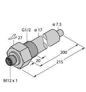 Techniczna rysunek złączki rurowej z wymiarami: długość 215 mm, średnica 17 mm z przodu, 7,3 mm z tyłu, gwint M12 x 1.