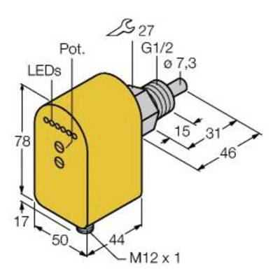 Rysunek techniczny żółtego czujnika o wymiarach: 78x50 mm. Przedstawia rozmieszczenie diod LED, potencjometrów, złączy oraz gwintu M12 x 1.