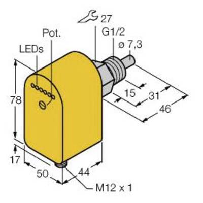 Rysunek techniczny żółtego czujnika ze wskaźnikami LED. Podane są wymiary i gwint (G1/2, Ø7,3), a także złącza gwintowane (M12 x 1).