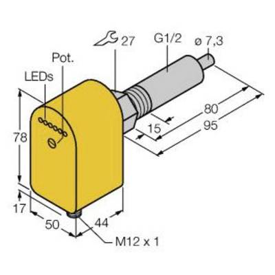 Diagram czujnika w żółtej obudowie, przedstawiający wymiary: 78 mm wysokości, 50 mm szerokości, 95 mm głębokości. Przyłącze G1/2, śruby M12 x 1.