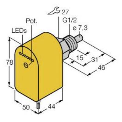 Rysunek techniczny żółtego czujnika z wyświetlaczem LED, potencjometrem i gwintem G1/2. Wymiary: 78 x 50 x 44 mm. Narzędzie: klucz rozmiaru 27.