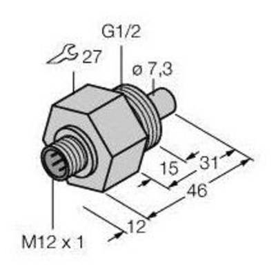 Diagram śruby sześciokątnej metalowej z wymiarami: gwint G1/2, średnica Ø7,3 mm, rozstaw klucza 27 mm. Gwint M12 x 1 od dołu.