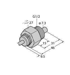 Rysunek techniczny cylindrycznego elementu z oznaczeniami gwintu: G1/2, średnica 7,3 mm, długość 46 mm. Rozmiar klucza: 27.