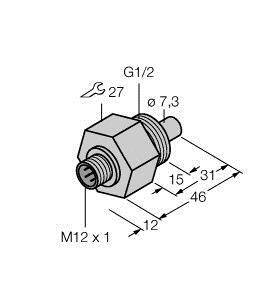 Rysunek techniczny złącza sześciokątnego z wymiarami gwintu: G1/2, M12 x 1. Pozostałe wymiary: ø7,3, 15 mm, 31 mm, długość całkowita 46 mm.