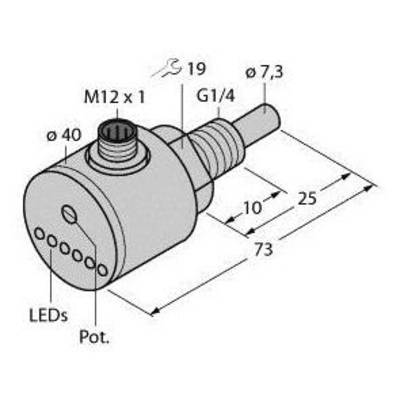 Rysunek techniczny cylindrycznego czujnika z diodami LED oraz wymiarami przyłączeniowymi, w tym gwintami M12x1 i G1/4.