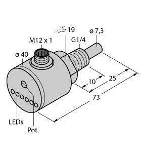 Rysunek techniczny cylindrycznego czujnika z gwintem M12 x 1, przyłączem G1/4, różnymi wymiarami oraz wskaźnikiem LED.