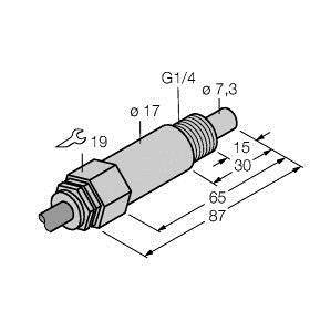 Rysunek techniczny sworznia cylindrycznego z wymiarami: całkowita długość 87 mm, gwint 30 mm, szerokość 17 mm, złącze G1/4.