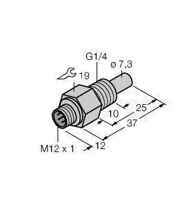 Rysunek techniczny złącza mosiężnego z wymiarami: G1/4, M12 x 1, ø 7,3, długość 37 mm. Zawiera instrukcje montażu.