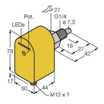 Rysunek techniczny żółtego czujnika z wyświetlaczem LED, wymiarami i złączami w milimetrach; gwint M12 x 1.