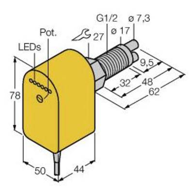 Diagram żółtego czujnika z wymiarami: wysokość 78 mm, szerokość 50 mm, głębokość 44 mm. Wskaźnik LED na górze, strona przyłączeniowa z gwintem i stykiem.