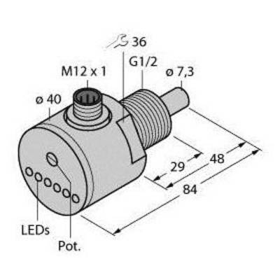 Rysunek techniczny cylindrycznego urządzenia z wymiarami. Oznaczenia: 'M12 x 1', 'ø 40', 'ø 7,3', 'G1/2', 'ø 36'. Diody LED na przedniej stronie.