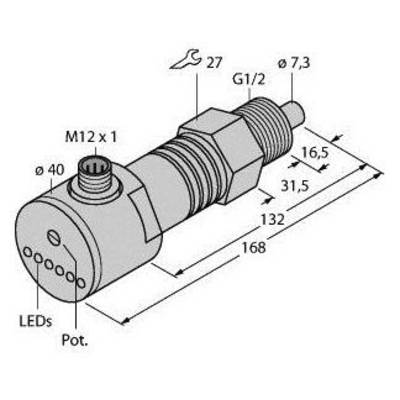 Rysunek techniczny cylindrycznego czujnika z wymiarami, gwintem M12 x 1, zaznaczonymi diodami LED. Długość 168 mm, średnica 40 mm.