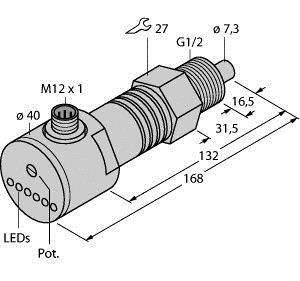 Rysunek techniczny cylindrycznego czujnika z przyłączem M12, gwintem G1/2, różnymi średnicami oraz uwagami dotyczącymi montażu.