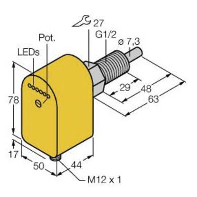 Żółta, prostokątna obudowa czujnika z diodą LED, potencjometrem i złączem M12x1. Wymiary: 78x50x44 mm oraz gwint G1/2.