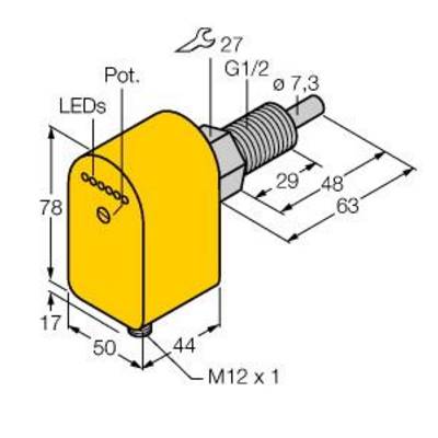 Rysunek techniczny żółtego czujnika z wymiarami. Pokazuje diody LED, potencjometr oraz gwint G1/2. Oznaczenia dla M12 x 1 oraz rozmiaru klucza 27.